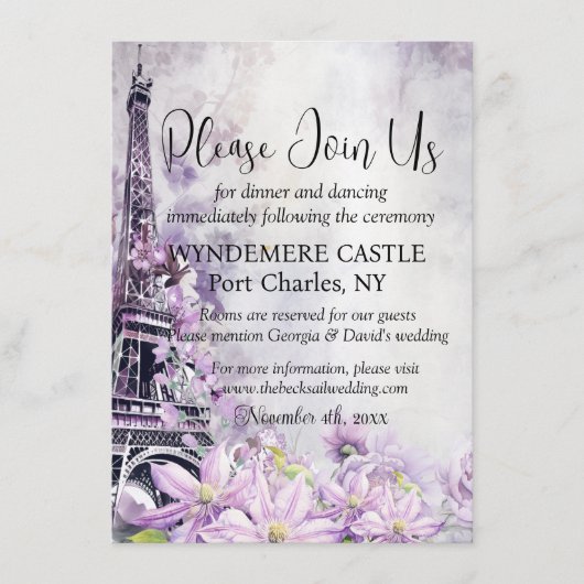 Eiffel Tower Lavender Romance QR Code Wedding Begleitkarte (Vorderseite)