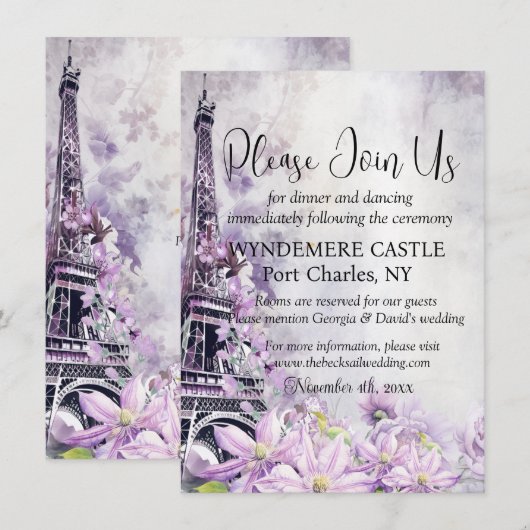 Eiffel Tower Lavender Romance QR Code Wedding Begleitkarte (Vorne/Hinten)