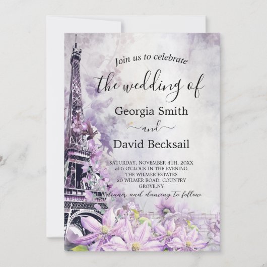 Eiffel Tower Lavender Romance QR Code Wedding Einladung (Vorderseite)
