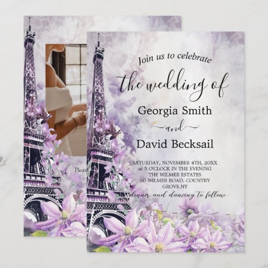 Eiffel Tower Lavender Romance QR Code Wedding Einladung (Vorne/Hinten)