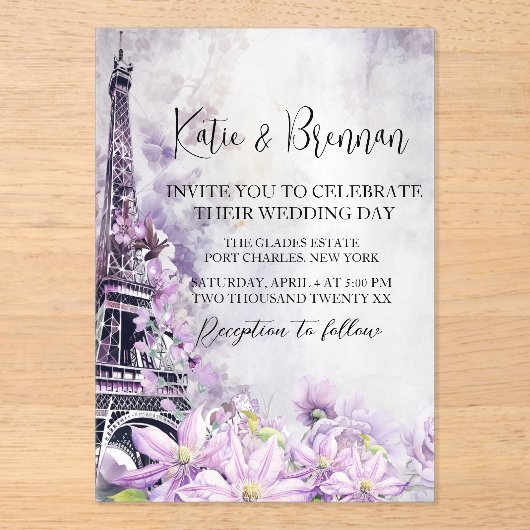 Eiffel Tower Lavender Romance Wedding Acryleinladungen (Vorderseite)