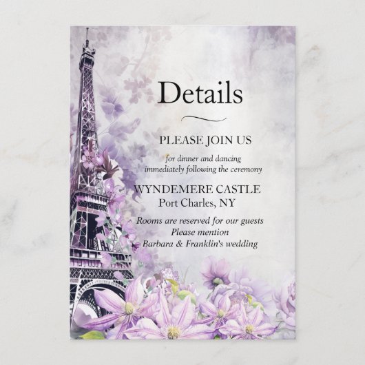 Eiffel Tower Lavender Romance Wedding Begleitkarte (Vorderseite)