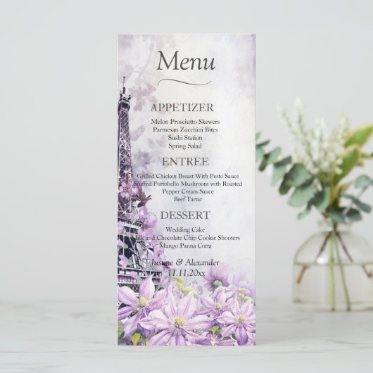 Eiffel Tower Lavender Romance Wedding Menu Menükarte (Stehend Vorderseite)