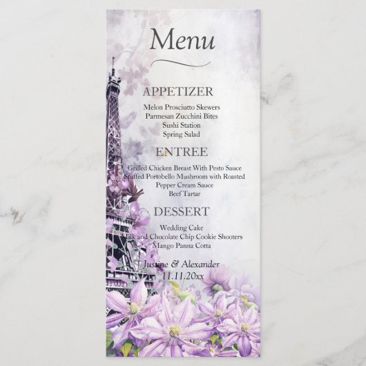Eiffel Tower Lavender Romance Wedding Menu Menükarte (Vorderseite)