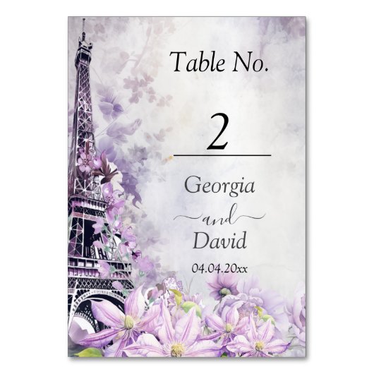Eiffel Tower Lavender Romance Wedding Tischnummer (Rückseite)