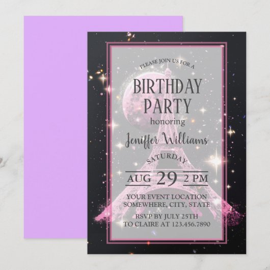 Eiffel Tower Night Moon Einladung (Vorne/Hinten)