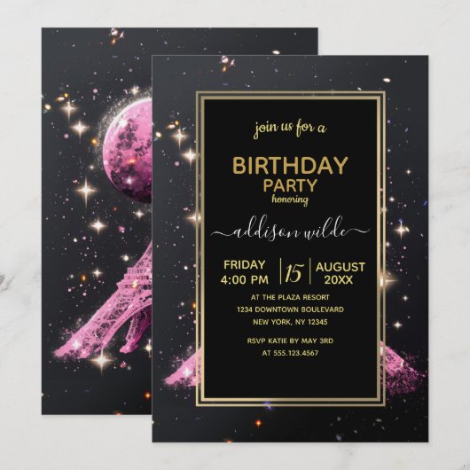 Eiffel Tower Night Moon Einladung (Vorne/Hinten)