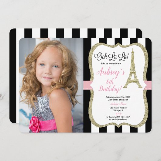 Eiffel tower paris birthday photo pink gold black einladung (Vorne/Hinten)