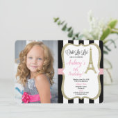 Eiffel tower paris birthday photo pink gold black einladung (Stehend Vorderseite)