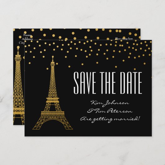 Eiffel Tower Paris Black Gold Save the Date Ankündigungspostkarte (Vorne/Hinten)