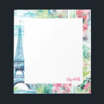 Eiffel Tower Paris France Floral Notizblock<br><div class="desc">Eine hübsche Aquarellbild des Pariser Eiffelturms schmückt dieses Notizblock. Personalisieren Sie es mit Ihrem Namen. Es koordiniert mit dem Eiffelturm-Rucksack und Schulmaterial. So modern für die Rückkehr zur Schule.</div>