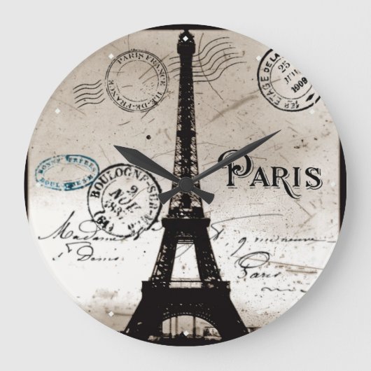 Eiffel Tower Paris France Post Card Clock Große Wanduhr (Vorderseite)
