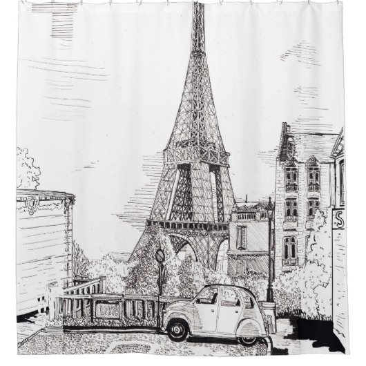 Eiffel Tower Paris Frankreich Pen Ink Illustration Duschvorhang (Vorderseite)