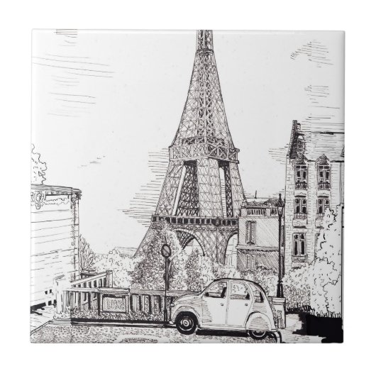 Eiffel Tower Paris Frankreich Pen Ink Illustration Fliese (Vorderseite)