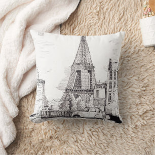Eiffel Tower Paris Frankreich Pen Ink Illustration Kissen