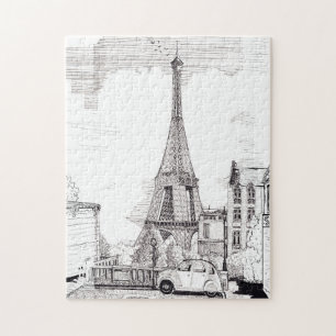 Eiffel Tower Paris Frankreich Pen Ink Illustration Puzzle