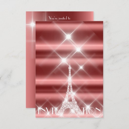 Eiffel Tower Paris Funkelnd Stars Burgundy Diamond Einladung (Vorne/Hinten)