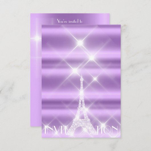 Eiffel Tower Paris Funkelnd Stars Lila Diamond Einladung (Vorne/Hinten)