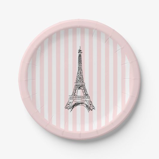 Eiffel Tower Paris Illustration Pink Stripe Pappteller (Vorderseite)