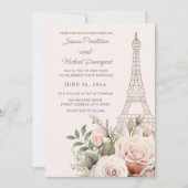 Eiffel Tower Paris Pink Roses Wedding Einladung (Vorderseite)