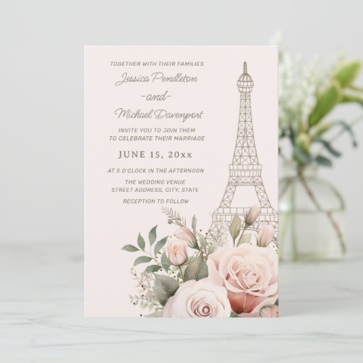 Eiffel Tower Paris Pink Roses Wedding Einladung (Stehend Vorderseite)