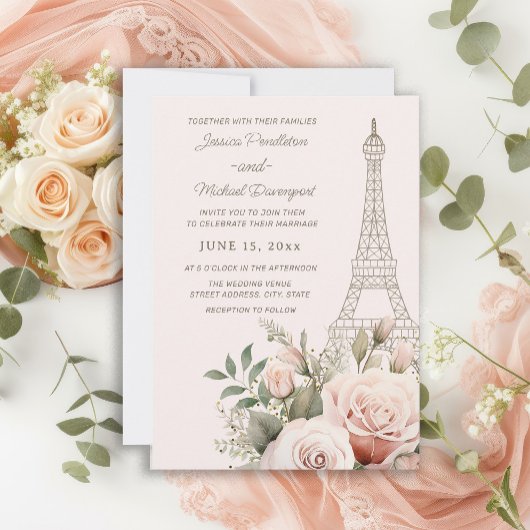 Eiffel Tower Paris Pink Roses Wedding Einladung