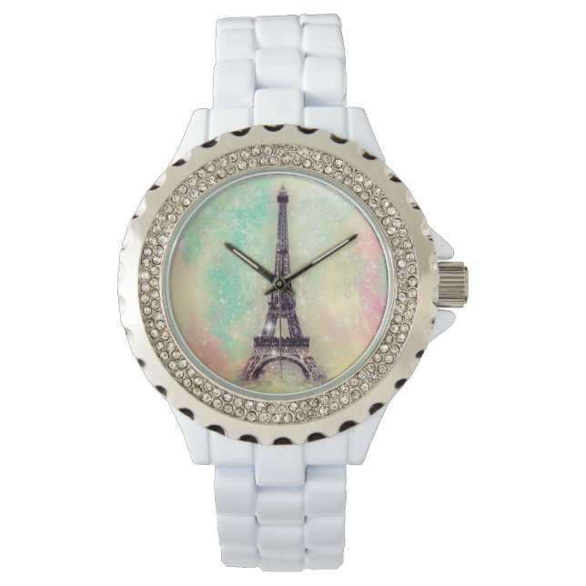 Eiffel Tower Pastel Yellow Armbanduhr (Vorderseite)