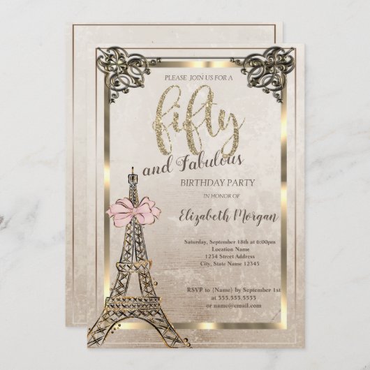 Eiffel Tower,Pink Bow Border 50th Birthday Party Einladung (Vorne/Hinten)