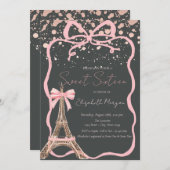 Eiffel Tower Pink Bow Dots Gray Sweet 16 Einladung (Vorne/Hinten)
