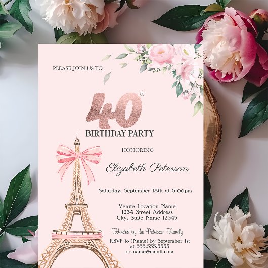 Eiffel Tower Pink Bow Flowers 40th Birthday Einladung