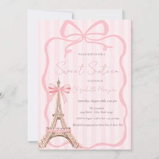 Eiffel Tower Pink Bow Pink Stripes Sweet 16 Einladung (Vorderseite)