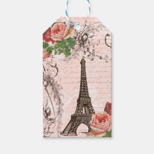 Eiffel Tower Pink Rote Rosen Französisches Script Geschenkanhänger (Vorderseite)
