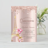 Eiffel Tower Present Balloons Rose Gold Drips Einladung (Stehend Vorderseite)