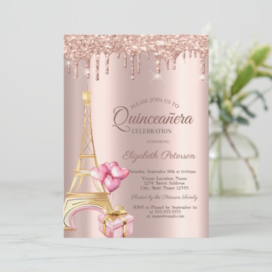 Eiffel Tower Present Balloons Rose Gold Drips Einladung (Stehend Vorderseite)