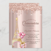 Eiffel Tower Present Balloons Rose Gold Drips Einladung (Vorne/Hinten)