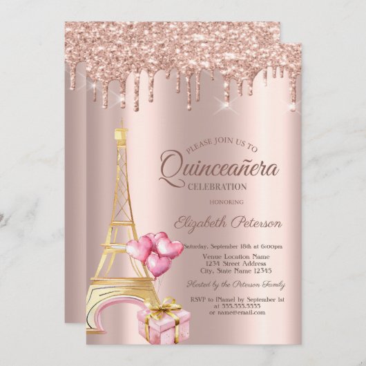 Eiffel Tower Present Balloons Rose Gold Drips Einladung (Vorne/Hinten)