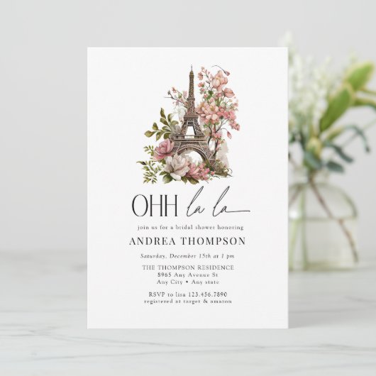 Eiffel Tower | Rosa-Brautparty Einladung (Stehend Vorderseite)