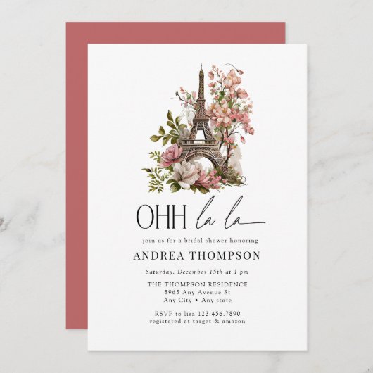 Eiffel Tower | Rosa-Brautparty Einladung (Vorne/Hinten)