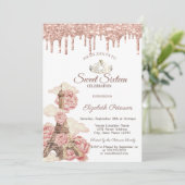 Eiffel Tower Rose Gold Glitter Drips Sweet 16 Einladung (Stehend Vorderseite)