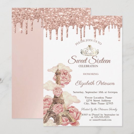 Eiffel Tower Rose Gold Glitter Drips Sweet 16 Einladung (Vorne/Hinten)