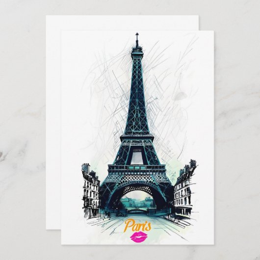 Eiffel Tower Sketch Print, Line Drawing, Paris Einladung (Vorne/Hinten)