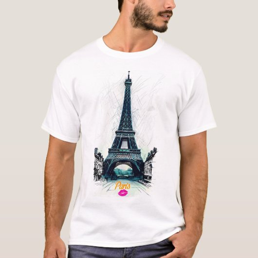 Eiffel Tower Sketch Print, Line Drawing, Paris T-Shirt (Vorderseite)