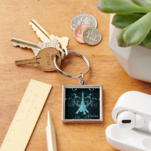 Eiffel Tower Teal Floral Swirls Square Keychain Schlüsselanhänger