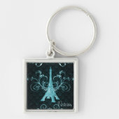 Eiffel Tower Teal Floral Swirls Square Keychain Schlüsselanhänger (Vorne)
