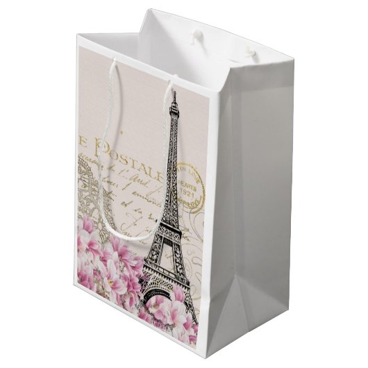 Eiffel-Turm-elegantes Vintages Mittlere Geschenktüte (Rückseite Schrägansicht)
