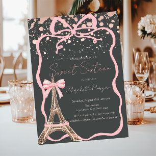 Eiffel-Turm rosa Schleife Punkte Grau Sweet 16 Einladung
