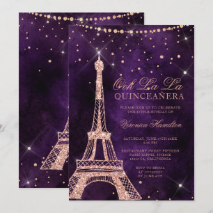 Eiffel-Turm-RosengoldGlitter lila quinceanera Einladung