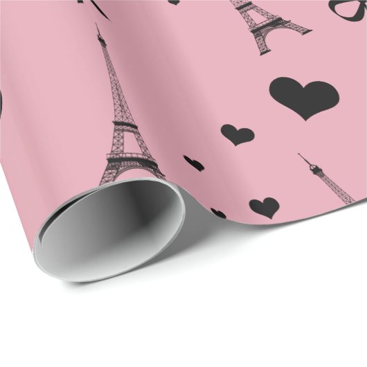 Eiffel-Turmmuster des Monogramms hübsches rosa Geschenkpapier (Rolleneckpunkt)