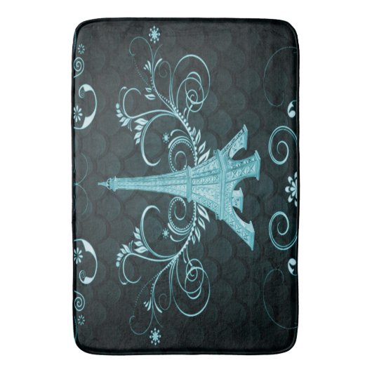 Eiffelturm Aquamarin florale Wirbel Badematte (Vorderseite Vertikal)