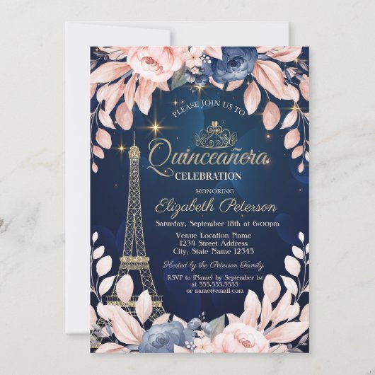 Eiffelturm, Blaublumen, Blaue Quinceñera Einladung (Vorderseite)